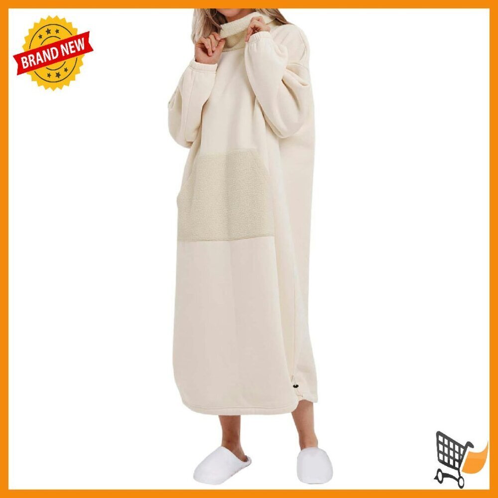 Oversized Plush Fleece Turtleneck Sweatshirt Dress with Kangaroo Pocket